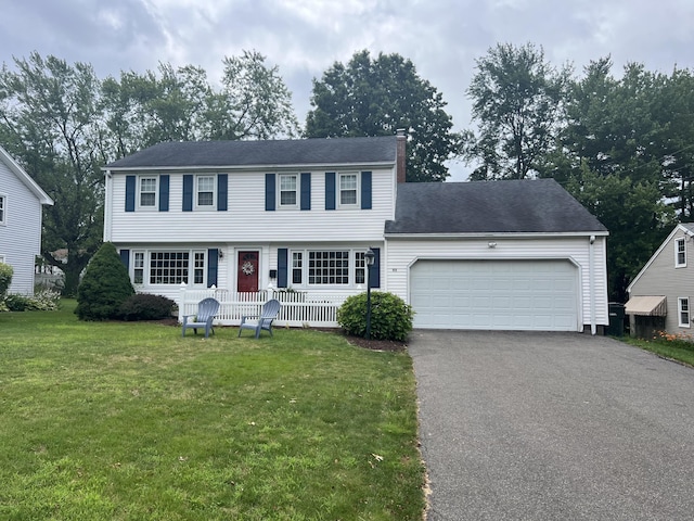 49 Holly Dr, Wethersfield, CT 06111 - colonial home with asphalt driveway, a chimney, a front lawn, a garage, and a porch