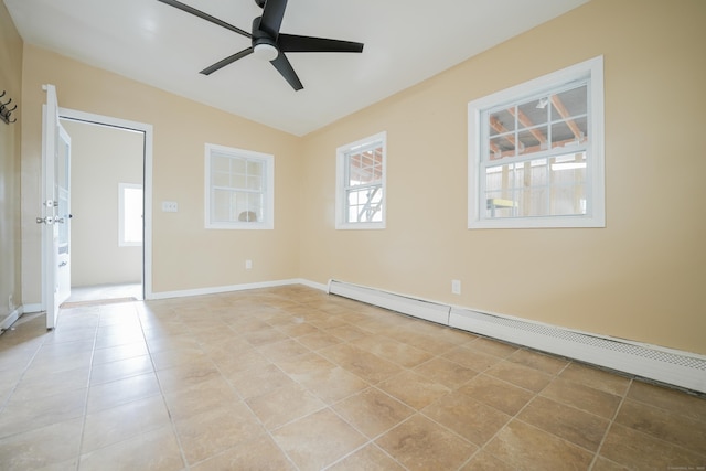 72 Harral Ave, Bridgeport, CT 06604 - empty room featuring a baseboard heating unit, a ceiling fan, and light tile patterned floors