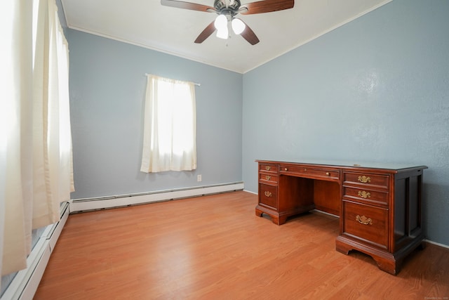 72 Harral Ave, Bridgeport, CT 06604 - unfurnished office with baseboard heating, light wood-style floors, a ceiling fan, and crown molding