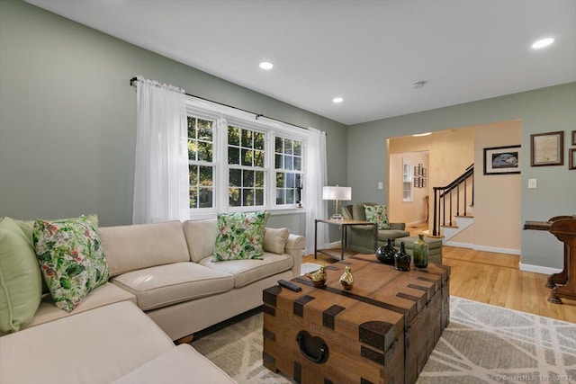 330 Foxwood Rd, Guilford, CT 06437 - living area with light wood-type flooring, stairs, and recessed lighting