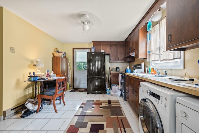 66 Claire St, Bristol, CT 06010 - kitchen featuring freestanding refrigerator, electric range oven, light countertops, washer / clothes dryer, and dark brown cabinetry
