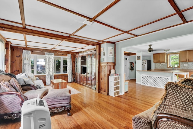 191 Farrell Rd, Waterbury, CT 06706 - living room featuring light wood finished floors, ceiling fan, and coffered ceiling