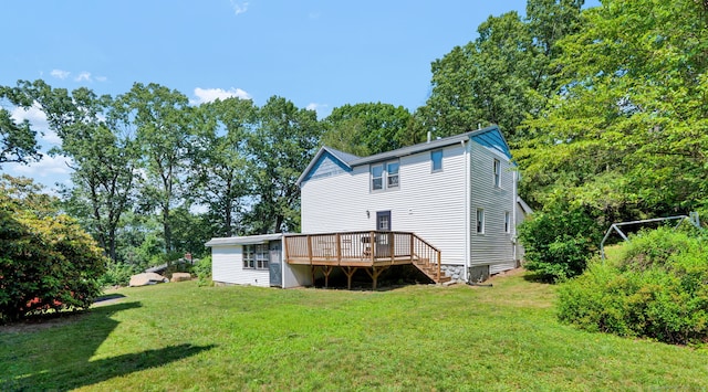 191 Farrell Rd, Waterbury, CT 06706 - rear view of house featuring a deck, a lawn, stairway, and view of scattered trees