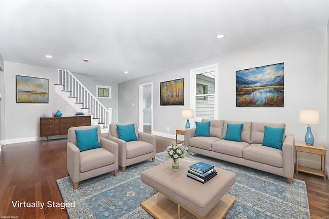 21 Whittlesey Ave, Waterbury, CT 06706 - living area featuring wood finished floors, stairway, and recessed lighting