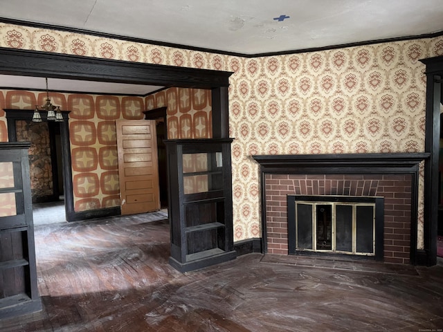 607 Broadview Ter, Hartford, CT 06106 - unfurnished living room featuring wallpapered walls and a brick fireplace
