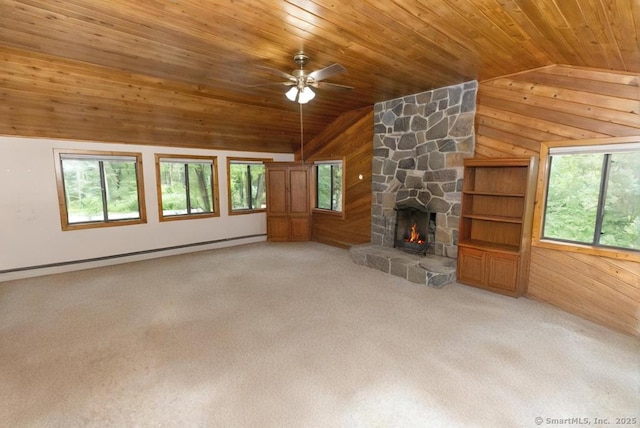 76 Bushy Hill Rd, Deep River, CT 06417 - unfurnished living room featuring lofted ceiling, wood walls, wooden ceiling, ceiling fan, and carpet