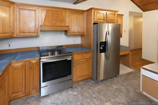 76 Bushy Hill Rd, Deep River, CT 06417 - kitchen featuring stainless steel appliances, premium range hood, lofted ceiling, dark countertops, and brown cabinetry