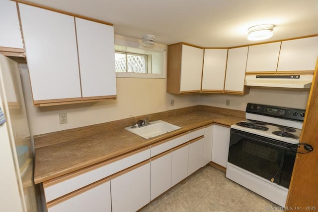76 Bushy Hill Rd, Deep River, CT 06417 - kitchen with white electric range, under cabinet range hood, and white cabinets