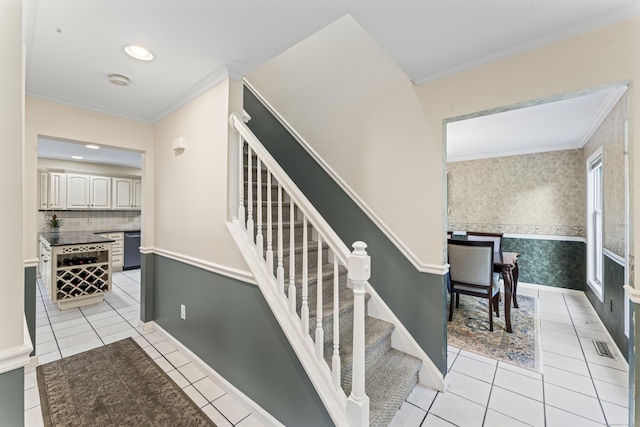 4 Quail Run Dr, Danbury, CT 06811 - stairs with tile patterned flooring, crown molding, and recessed lighting