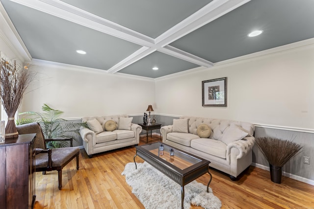 4 Quail Run Dr, Danbury, CT 06811 - living area featuring light wood-type flooring, coffered ceiling, ornamental molding, beam ceiling, and recessed lighting