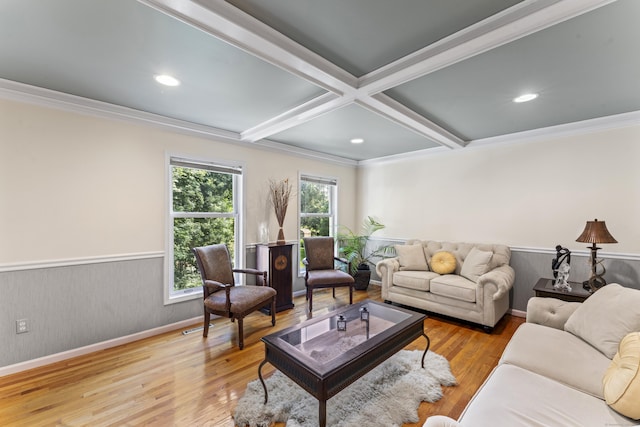 4 Quail Run Dr, Danbury, CT 06811 - living room with wainscoting, ornamental molding, wood finished floors, coffered ceiling, and beam ceiling