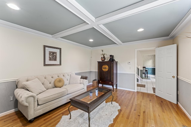 4 Quail Run Dr, Danbury, CT 06811 - living area featuring light wood finished floors, coffered ceiling, beam ceiling, wainscoting, and recessed lighting