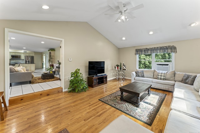 4 Quail Run Dr, Danbury, CT 06811 - living room featuring cooling unit, lofted ceiling, a ceiling fan, light wood-style flooring, and recessed lighting