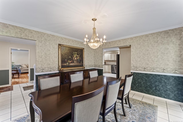 4 Quail Run Dr, Danbury, CT 06811 - dining room featuring light tile patterned floors, a chandelier, wallpapered walls, and ornamental molding
