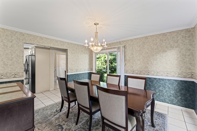 4 Quail Run Dr, Danbury, CT 06811 - dining room featuring a chandelier, wallpapered walls, light tile patterned flooring, crown molding, and a wainscoted wall