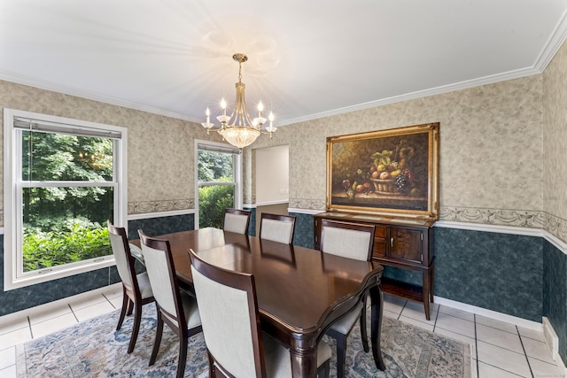 4 Quail Run Dr, Danbury, CT 06811 - dining space featuring a chandelier, tile patterned floors, wallpapered walls, and crown molding