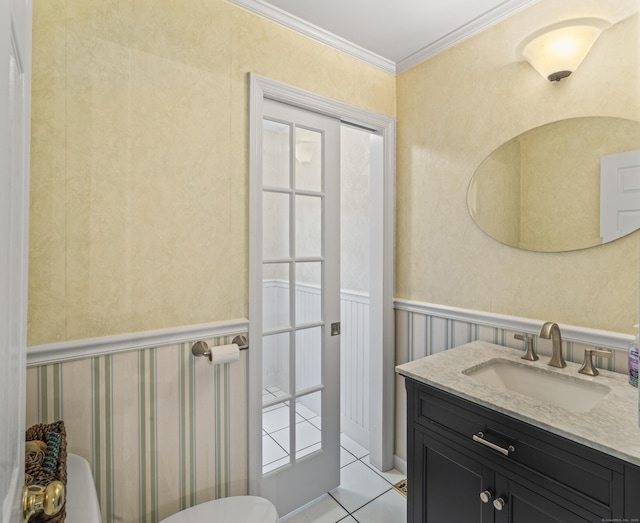 4 Quail Run Dr, Danbury, CT 06811 - bathroom with vanity, ornamental molding, tile patterned floors, and a wainscoted wall