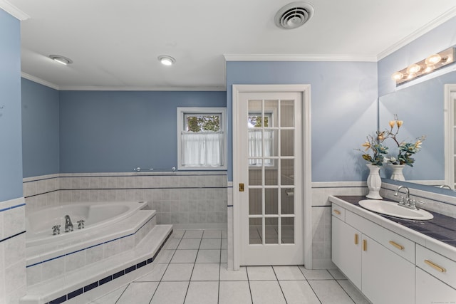4 Quail Run Dr, Danbury, CT 06811 - bathroom with tile walls, tile patterned flooring, vanity, a garden tub, and wainscoting