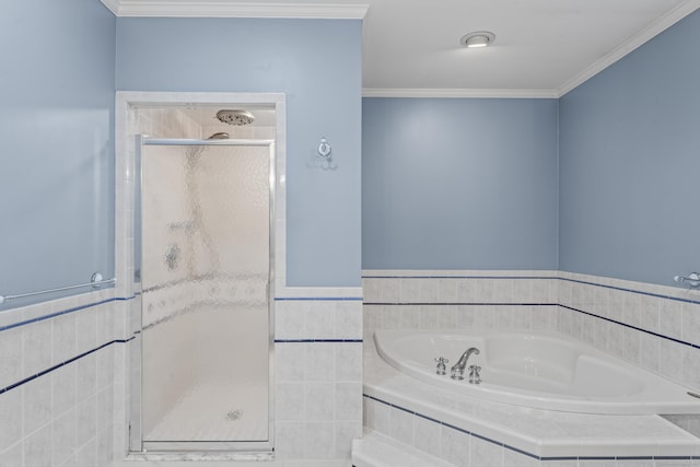 4 Quail Run Dr, Danbury, CT 06811 - full bath with a bath, a stall shower, ornamental molding, tile walls, and wainscoting