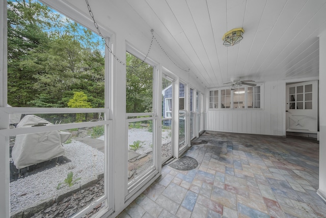 35 Flax Mill Ter, Milford, CT 06461 - unfurnished sunroom featuring ceiling fan and wooden ceiling