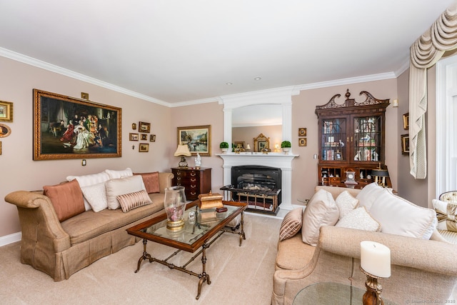 90 Soundview Ave, Shelton, CT 06484 - living area with crown molding, carpet floors, and a glass covered fireplace