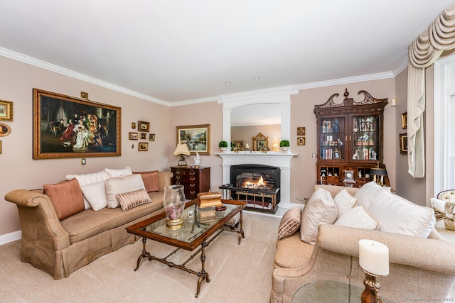 90 Soundview Ave, Shelton, CT 06484 - carpeted living area featuring ornamental molding and a large fireplace