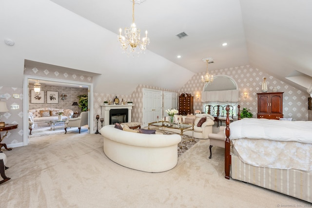 90 Soundview Ave, Shelton, CT 06484 - bedroom with wallpapered walls, a chandelier, vaulted ceiling, carpet flooring, and a fireplace