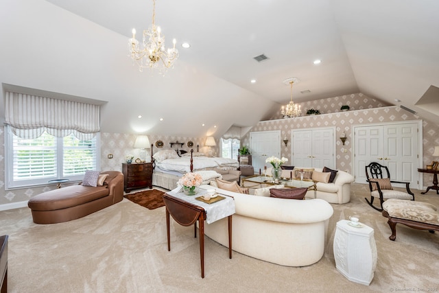 90 Soundview Ave, Shelton, CT 06484 - living area with a chandelier, wallpapered walls, vaulted ceiling, and carpet floors