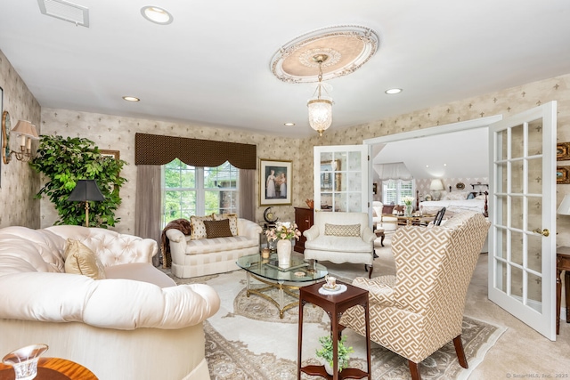 90 Soundview Ave, Shelton, CT 06484 - carpeted living room featuring wallpapered walls and recessed lighting