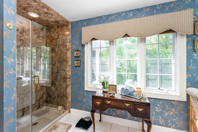 90 Soundview Ave, Shelton, CT 06484 - bathroom with a stall shower, tile patterned flooring, and wallpapered walls