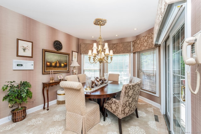 90 Soundview Ave, Shelton, CT 06484 - dining area featuring a chandelier, wallpapered walls, light tile patterned floors, and recessed lighting