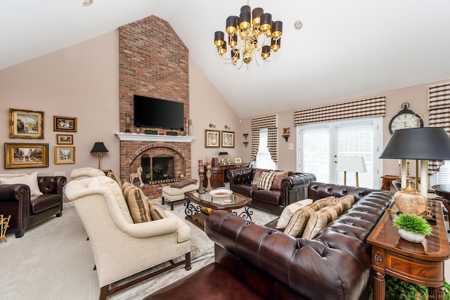 90 Soundview Ave, Shelton, CT 06484 - living area with high vaulted ceiling, a chandelier, and a brick fireplace