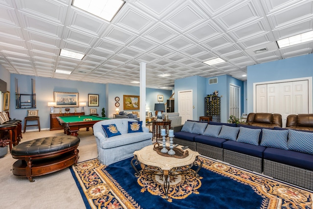 90 Soundview Ave, Shelton, CT 06484 - living room featuring billiards table, an ornate ceiling, and carpet floors