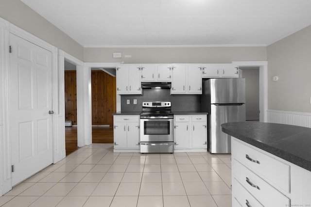 1691 State St, Hamden, CT 06517 - kitchen with appliances with stainless steel finishes, under cabinet range hood, dark countertops, white cabinetry, and crown molding