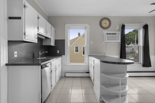 1691 State St, Hamden, CT 06517 - kitchen with dark countertops, a baseboard heating unit, dishwasher, baseboard heating, and a wall unit AC