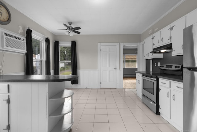 1691 State St, Hamden, CT 06517 - kitchen with stainless steel appliances, dark countertops, under cabinet range hood, ceiling fan, and open shelves