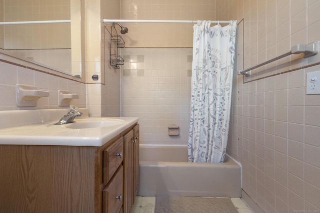 1691 State St, Hamden, CT 06517 - bathroom with tile walls, shower / tub combo, vanity, and tile patterned flooring