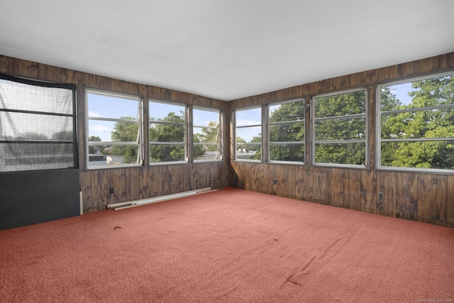 1691 State St, Hamden, CT 06517 - unfurnished sunroom featuring carpet floors, plenty of natural light, wood walls, and a baseboard radiator