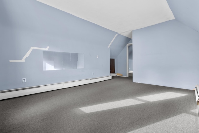 1691 State St, Hamden, CT 06517 - unfurnished living room with vaulted ceiling, a baseboard heating unit, and carpet flooring