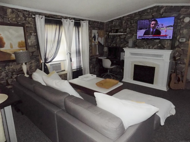 61 Elm St, East Windsor, CT 06088 - living area with cooling unit, lofted ceiling, ornamental molding, and a fireplace