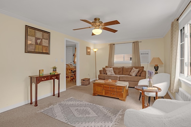 76 Landers Rd, East Hartford, CT 06118 - living area featuring ceiling fan, light carpet, and ornamental molding