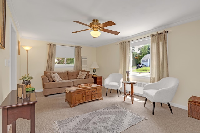 76 Landers Rd, East Hartford, CT 06118 - living area with ornamental molding, plenty of natural light, light colored carpet, and ceiling fan