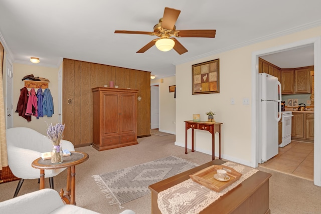 76 Landers Rd, East Hartford, CT 06118 - living room with crown molding, a ceiling fan, and light colored carpet