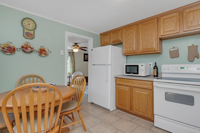 76 Landers Rd, East Hartford, CT 06118 - kitchen with white appliances, a ceiling fan, ornamental molding, light tile patterned floors, and light countertops