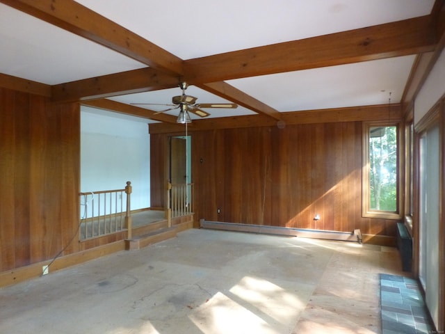 5 Tower Hill Lake Rd, Deep River, CT 06417 - empty room featuring wooden walls, beamed ceiling, ceiling fan, and a baseboard radiator