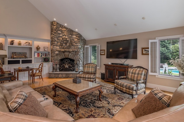 8 Up The Rd, Simsbury, CT 06092 - living area with a fireplace, high vaulted ceiling, and wood finished floors