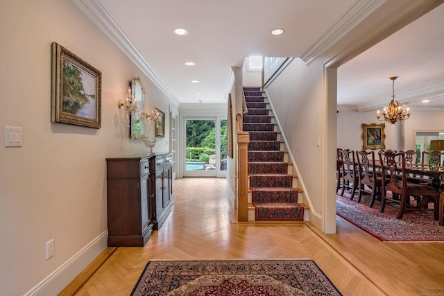 8 Up The Rd, Simsbury, CT 06092 - staircase with a chandelier, crown molding, and recessed lighting