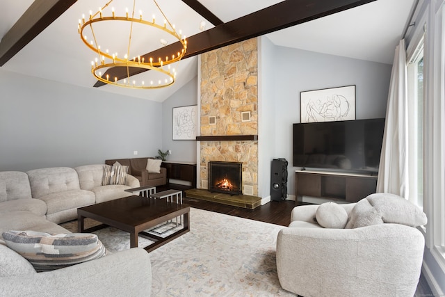 106A Comstock Hill Ave, Norwalk, CT 06850 - living room featuring dark wood-style floors, beamed ceiling, a chandelier, a fireplace, and high vaulted ceiling