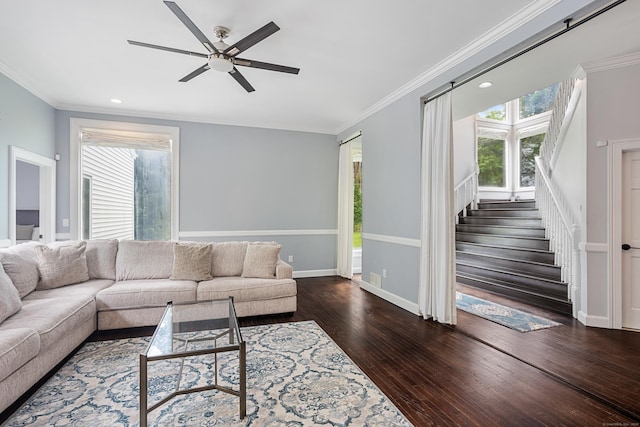 106A Comstock Hill Ave, Norwalk, CT 06850 - living area featuring stairway, a ceiling fan, dark wood-style floors, crown molding, and recessed lighting