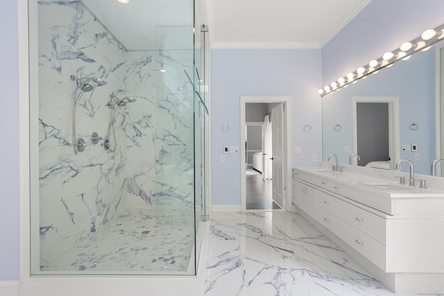 106A Comstock Hill Ave, Norwalk, CT 06850 - full bath featuring ornamental molding, a marble finish shower, marble tiled floors, and double vanity